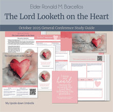 Load image into Gallery viewer, General Conference study guide for
By Elder Ronald M. Barcellos- The Lord Looketh on the Heart- October 2025
General Conference, relief society lesson helps for LDS women, RS lesson ideas, lesson handouts, study worksheets and workbook, lesson outline, lesson plan, Relief Society General Conference lesson, Elder’s Quorum lesson, artwork, lesson slides, slideshow, powerpoint presentation, myupsidedownumbrella