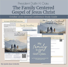 Load image into Gallery viewer, General Conference study guide for
President Dallin H. Oaks- The Family-Centered Gospel of Jesus Christ- October 2025
General Conference, relief society lesson helps for LDS women, RS lesson ideas, lesson handouts, study worksheets and workbook, lesson outline, lesson plan, Relief Society General Conference lesson, Elder’s Quorum lesson, artwork, lesson slides, slideshow, powerpoint presentation, myupsidedownumbrella