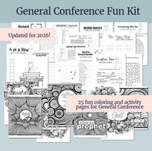 Load image into Gallery viewer, General Conference activities, conference journal, Conference fun for primary kids, General Conference for families, printable games and activities, LDS, Word search, Crossword puzzle, coloring page, president oaks, adult coloring pages, activities for youth, Young Women, Games, printables,