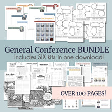 Load image into Gallery viewer, General Conference activities, conference journal, Conference fun for primary kids, General Conference for families, printable games and activities, LDS, Word search, Crossword puzzle, coloring page, president oaks, adult coloring pages, activities for youth, Young Women, Games, printables, April 2026 LDS General Conference Fun Kit | Coloring and Activity Pages for LDS Families, LDS Conference Games, Conference Book Kids, Youth, General Conference Fun Pages
