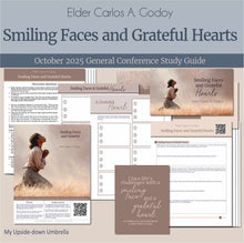 Load image into Gallery viewer, General Conference study guide for
Elder Carlos A Godoy- Smiling Faces and Grateful Hearts, October 2025
General Conference, relief society lesson helps for LDS women, RS lesson ideas, lesson handouts, study worksheets and workbook, lesson outline, lesson plan, Relief Society General Conference lesson, Elder’s Quorum lesson, artwork, lesson slides, slideshow, powerpoint presentation, myupsidedownumbrella