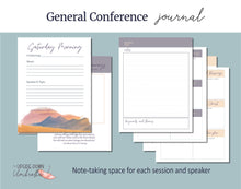 Load image into Gallery viewer, Printable LDS General Conference study journal with Conference notes pages, reflection prompts, and personal application worksheets for women and families.