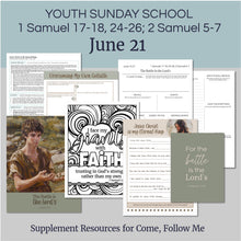 Load image into Gallery viewer, LDS Sunday School lesson outline for teaching youth lesson for
Lesson Outline and lesson plan for LDS Youth Sunday School
June 15–21
“The Battle Is the Lord’s”
David & Goliath
1 Samuel 17–18
Includes a Lesson handout, coloring page, scriptures and discussion questions that can be used for, family home evening for teens or youth Sunday classes