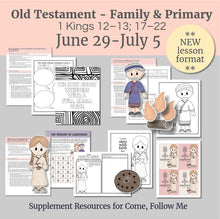 Load image into Gallery viewer, This Primary lesson outline to help Primary teachers is a complement to Come, Follow Me and is ready to go for teaching the lesson:
June 29-July 5
“If the Lord Be God, Follow Him”
1 Kings 12–13; 17–22
Focusing on the stories of Elijah, the widow of Zarephath, the priests of Baal and Mount Carmel
This printable kit includes coloring pages, activities, games, and discussion questions that are perfect for Family scripture study, come follow me for families, or for your Primary lesson.