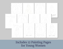 Load image into Gallery viewer, Young Women Watercolor and Coloring Pages | Rejoice in Christ | Philippians 4:4 | 2027 LDS Youth Theme
