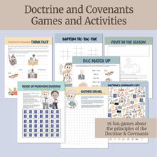 Load image into Gallery viewer, printable games and activities in full color for learning about D&C in come follow me 2025, tic tac toe, i spy, hangman and more games for lds children and latter day saint families