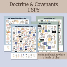Load image into Gallery viewer, May include: Two printable I Spy games. The top game is titled 'Restoration I Spy' and the bottom game is titled 'Doctrine & Covenants I Spy'. Both games feature a grid of images with a variety of symbols and characters. The games are designed to be played in two levels: color and black & white. The text 'color and black & white 2 levels of play!' is at the bottom of the image.
