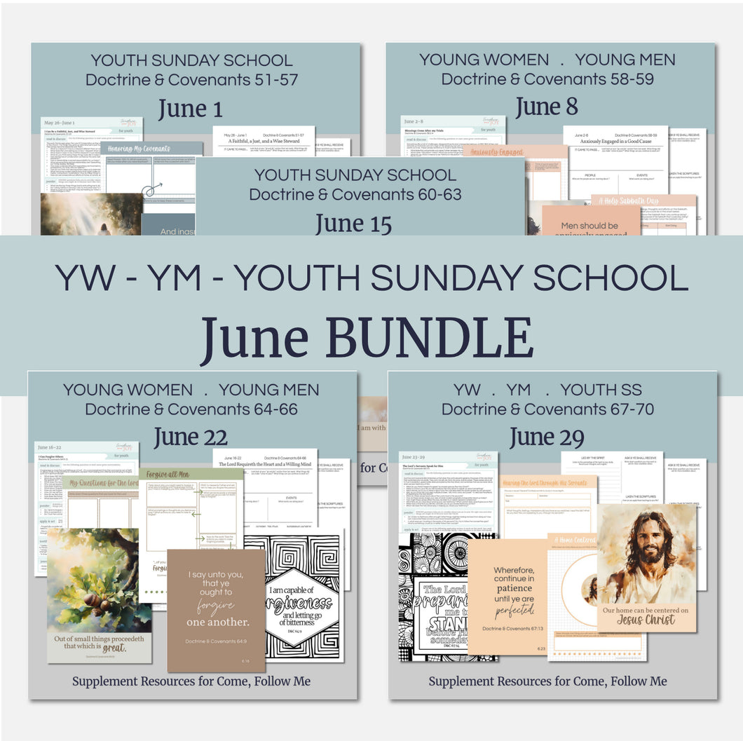 youth lesson plan for young women, young men, aaronic priesthood lesson outline, YW lesson, YM lesson, Young Women Lesson outline, young women lesson plan, lesson helps for young women leaders, teaching young women lesson, lesson helps for LDS youth, Lesson handout, coloring page, scriptures, family home evening for teens,

June BuNDLE Lesson Helps for Home and Church | Youth Come, Follow Me 2025 | 5 Weeks of Lesson Helps for LDS Youth - YW YM - Bundle Savings! 
