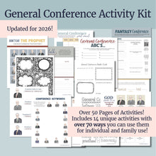 Load image into Gallery viewer, General Conference activities, conference journal, Conference fun for primary kids, General Conference for families, printable games and activities, LDS, Word search, Crossword puzzle, coloring page, president oaks, adult coloring pages, activities for youth, Young Women, Games, printables, April 2026 LDS General Conference Fun Kit | Coloring and Activity Pages for LDS Families, LDS Conference Games, Conference Book Kids, Youth, General Conference Fun Pages

