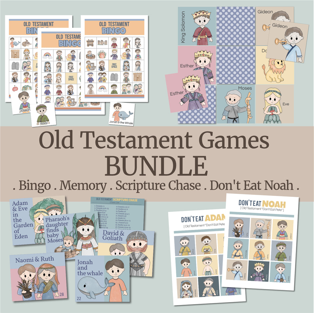 Old Testament Family Fun Bible Games BUNDLE | Bingo, Don't Eat Noah, Memory Match, Scripture Chase