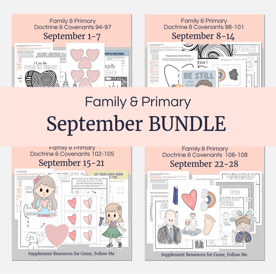 Lesson helps for LDS primary teachers for Come Follow Me 2025 Family scripture study, come follow me for families, FHE lesson outline, primary lesson outline, primary coloring pages, nursery coloring pages, primary activities, activity pages, scripture games, lesson ideas for come follow me, primary children lesson plan, family home evening bundle - full month of September lesson outlines 