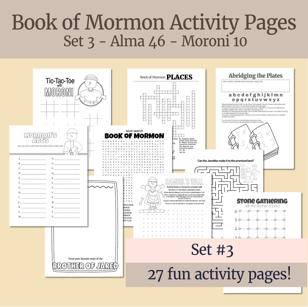 Book of Mormon coloring and activity pages for Primary, Come Follow Me, FHE, Family Home Evening, Activity Days. SET 3 includes activities from Alma 46 - Moroni 10 perfect for primary lessons or at home come follow me activities review and learning 