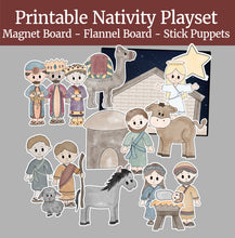 Load image into Gallery viewer, the Christmas story cut and paste nativity, printable nativity scene for kids, Christian homeschool Christ-centered Christmas activities, Christmas stick puppets, flannel board story, Christmas play, magnets, toddler activity
