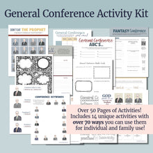 Load image into Gallery viewer, General Conference activities, conference journal, Conference fun for primary kids, General Conference for families, printable games and activities, LDS, Word search, Crossword puzzle, coloring page, president oaks, adult coloring pages, activities for youth, Young Women, Games, printables, April 2026 LDS General Conference Fun Kit | Coloring and Activity Pages for LDS Families, LDS Conference Games, Conference Book Kids, Youth, General Conference Fun Pages
