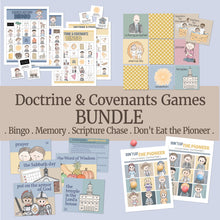 Load image into Gallery viewer, doctrine and covenants family fun games bundle for LDS families to study and review come follow me in 2025, pioneer memory match, scripture chase games, doctrine and covenants bingo, don&#39;t eat pete. 
