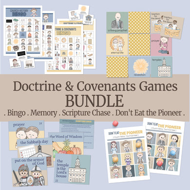 doctrine and covenants family fun games bundle for LDS families to study and review come follow me in 2025, pioneer memory match, scripture chase games, doctrine and covenants bingo, don't eat pete. 