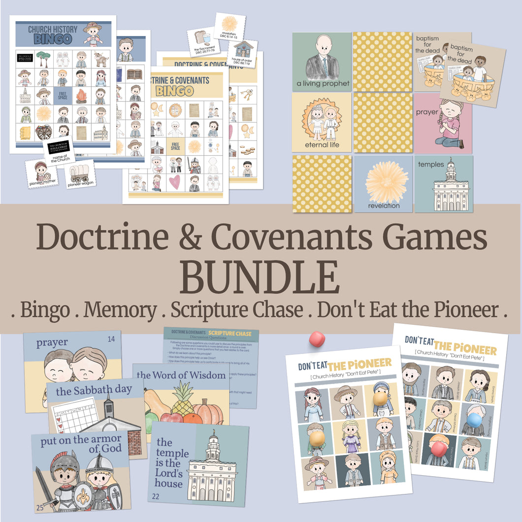 doctrine and covenants family fun games bundle for LDS families to study and review come follow me in 2025, pioneer memory match, scripture chase games, doctrine and covenants bingo, don't eat pete. 