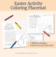 Load image into Gallery viewer, Easter Activity coloring placemat, easter word search, easter maze, easter puzzles, easter coloring, Christ-centered Easter, Christian Families, Religious easter printable, LDS Easter, Activity Days, LDS Primary, Come, Follow Me, Christian Homeschool, Christian children, Coloring for CHristian kids, Activities for LDS children, LDS kids, Easter ColoringBook, Easter Activity BOok
