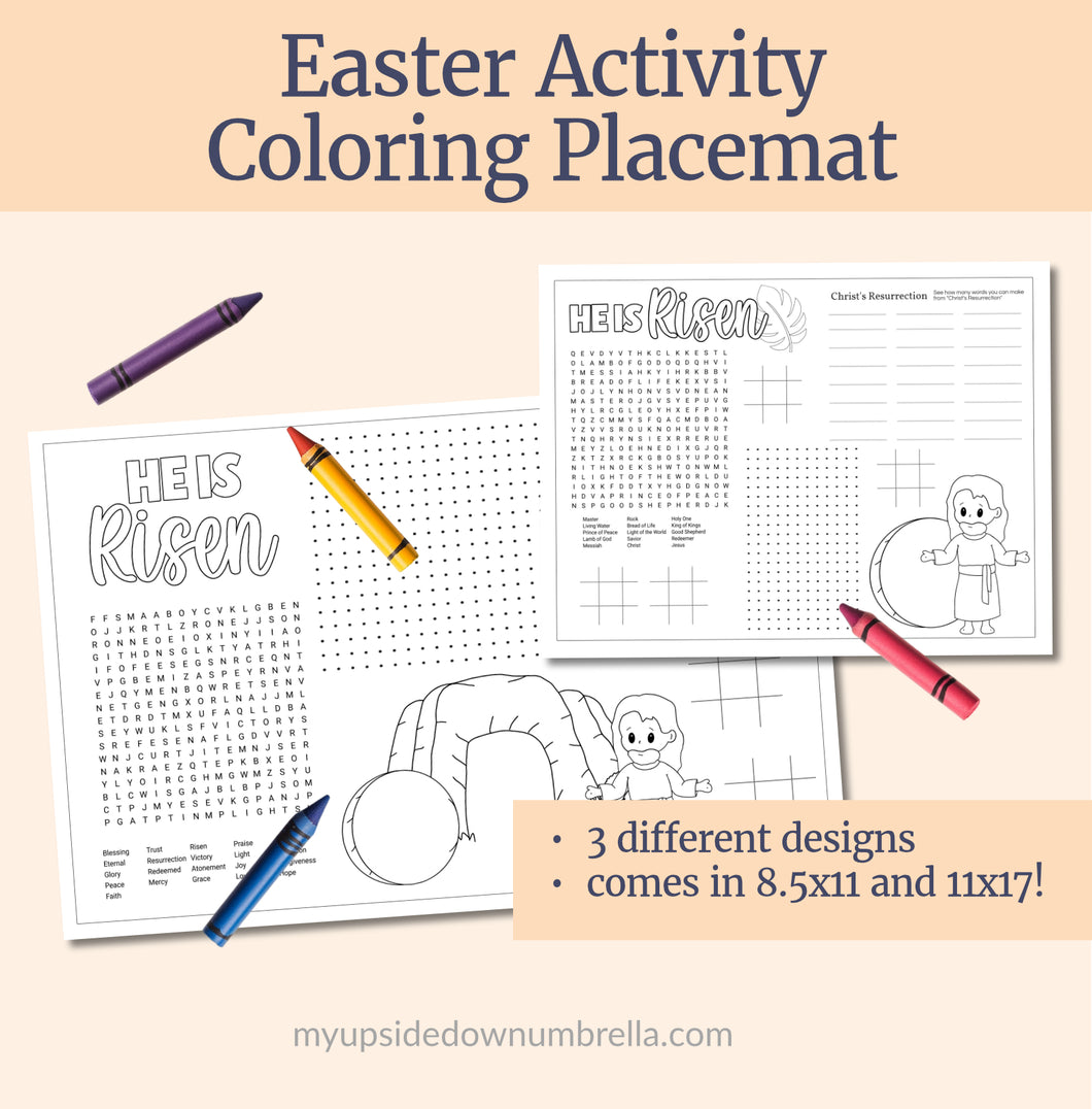 Easter Activity coloring placemat, easter word search, easter maze, easter puzzles, easter coloring, Christ-centered Easter, Christian Families, Religious easter printable, LDS Easter, Activity Days, LDS Primary, Come, Follow Me, Christian Homeschool, Christian children, Coloring for CHristian kids, Activities for LDS children, LDS kids, Easter ColoringBook, Easter Activity BOok