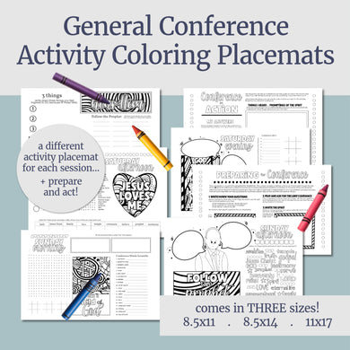 Faith-themed LDS coloring page for General Conference with scripture doodles and activity prompts.

Printable LDS placemat for Conference weekend – kids’ coloring and journaling activity.

Quiet Sunday activity for LDS children – General Conference printable coloring sheet.

LDS Primary activity placemat for General Conference with spaces to color and take notes.

Family-friendly General Conference printable for LDS kids – faith and gospel coloring activity.