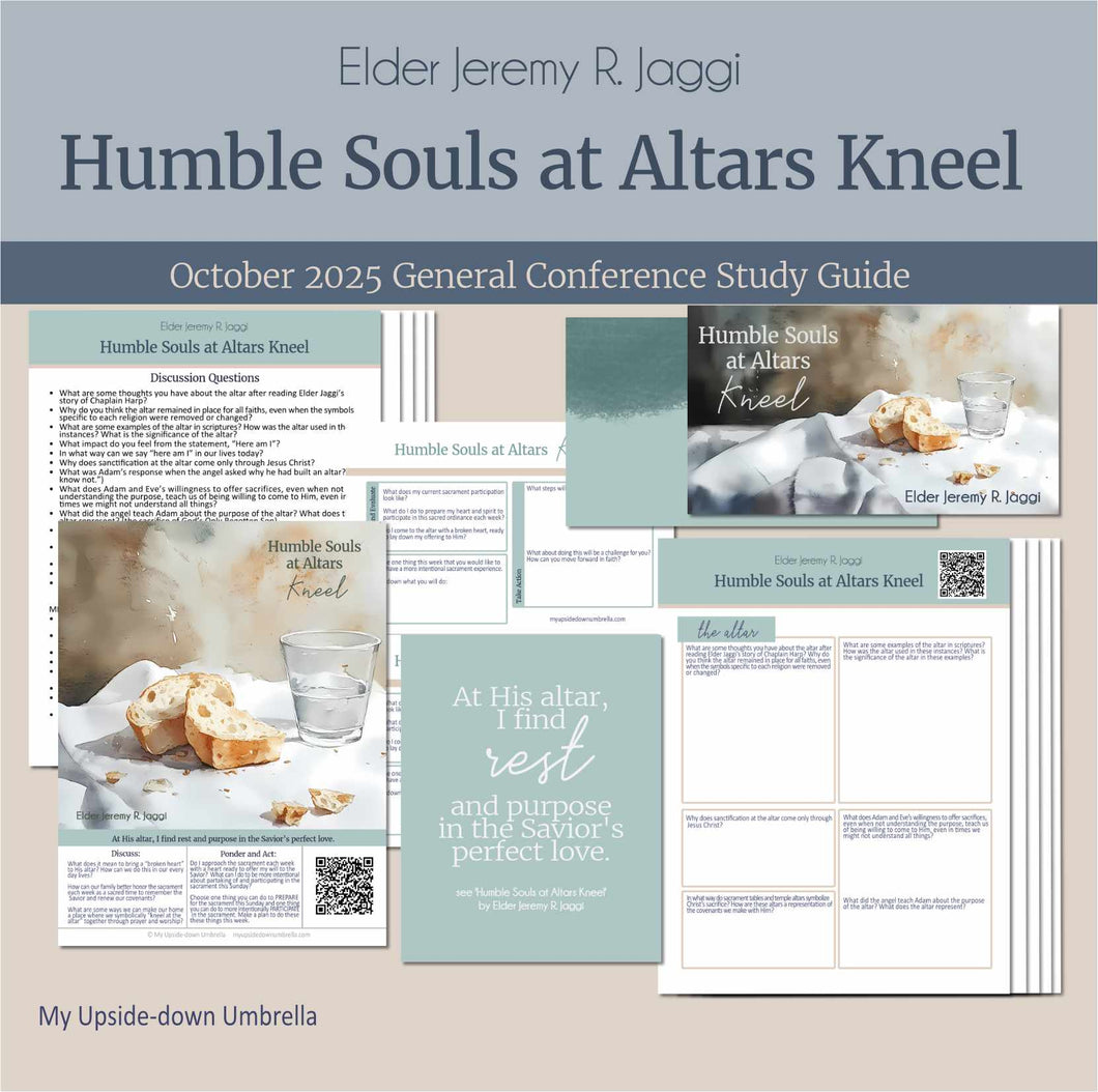 General Conference study guide for 
Elder Jeremy R. Jaggi- Humble Souls at Altars Kneel- October 2025
General Conference, relief society lesson helps for LDS women, RS lesson ideas, lesson handouts, study worksheets and workbook, lesson outline, lesson plan, Relief Society General Conference lesson, Elder’s Quorum lesson, artwork, lesson slides, slideshow, powerpoint presentation, myupsidedownumbrella

