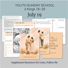 Load image into Gallery viewer, Lesson Outline and lesson plan for LDS Youth Sunday School
July 13-19 
“He Trusted in the Lord God of Israel”
2 Kings 16–25
King Hezekiah, the Scriptures, Covenants 
Includes a Lesson handout, coloring page, scriptures and discussion questions that can be used for, family home evening for teens or youth Sunday classes 


