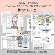 Load image into Gallery viewer, Lesson helps for LDS primary teachers for 
June 15–21 | Come Follow Me Primary Lesson |  “The Battle Is the Lord’s” | David &amp; Goliath | 1 Samuel 17–18; 24–26; 2 Samuel 5–7

This printable kit includes coloring pages, activities, games, and discussion questions that are perfect for Family scripture study, come follow me for families,  or for your Primary lesson. 

