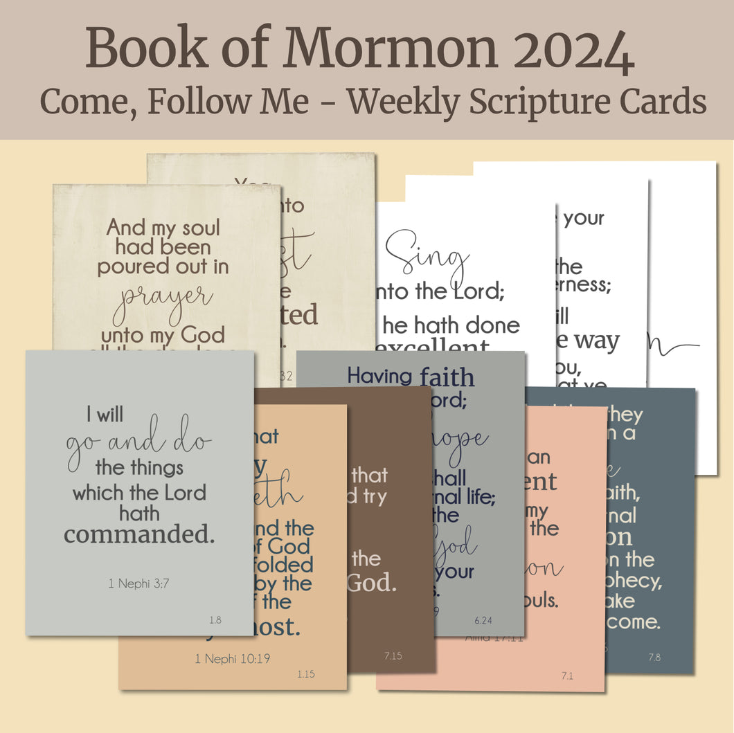 weekly scripture cards for book of mormon study come follow me 2024 , CFM family home evening, LDS home decor, LDS scripture Study