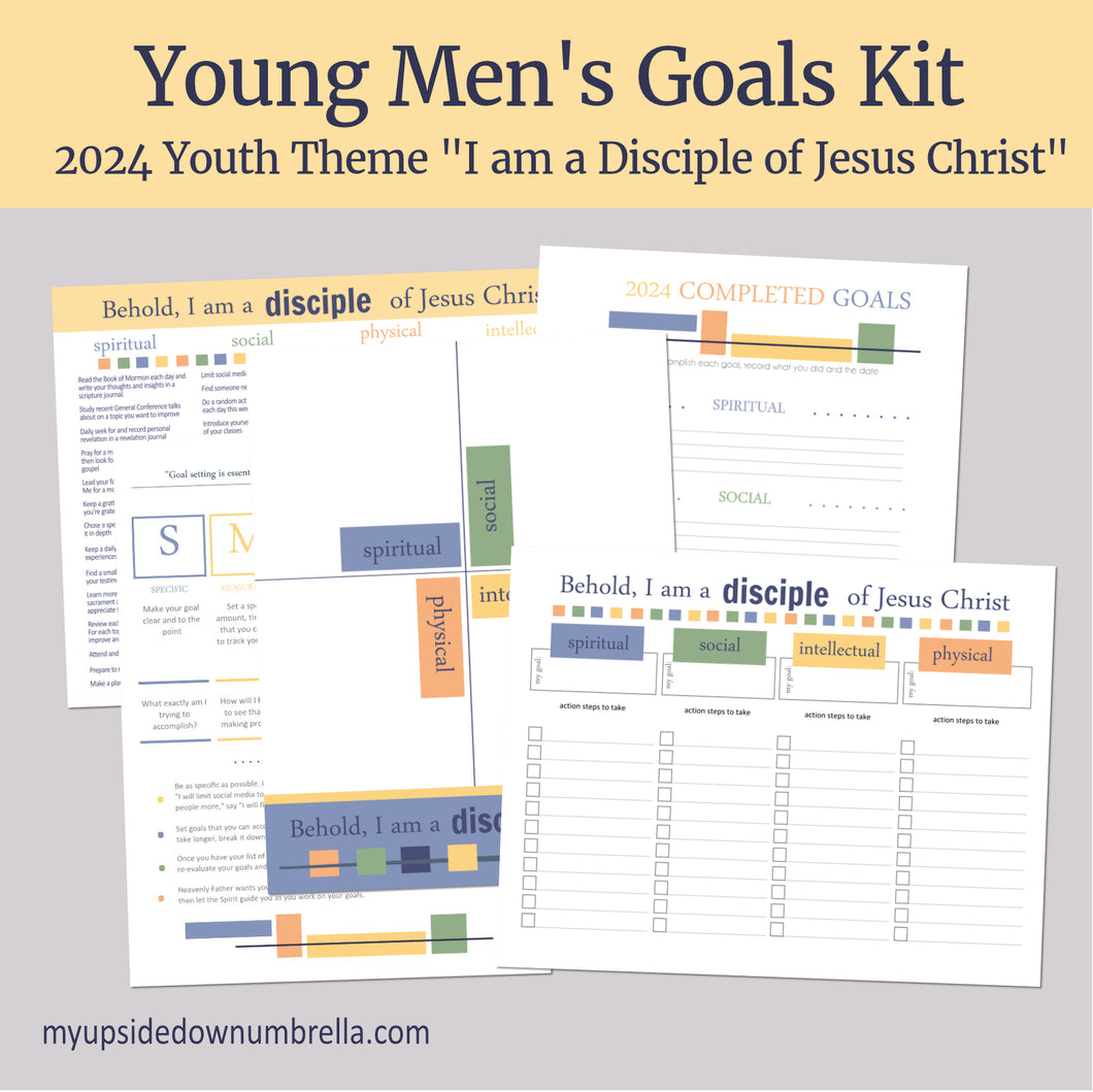 Young Men LDS goals kit for children and youth program, goal ideas, goal setting tips, personal development worksheets for LDS youth