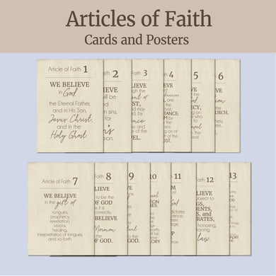 Articles of Faith cards and posters for LDS home decor, primary bulletin board, handouts and study, cream contemporary color