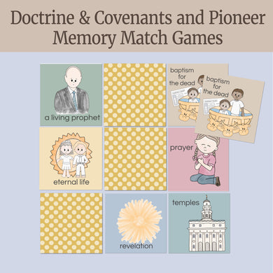 doctrine and covenants memory match game for come follow me 2025 pioneer memory match, pioneer old maid game for LDS children activity days, primary, FHE