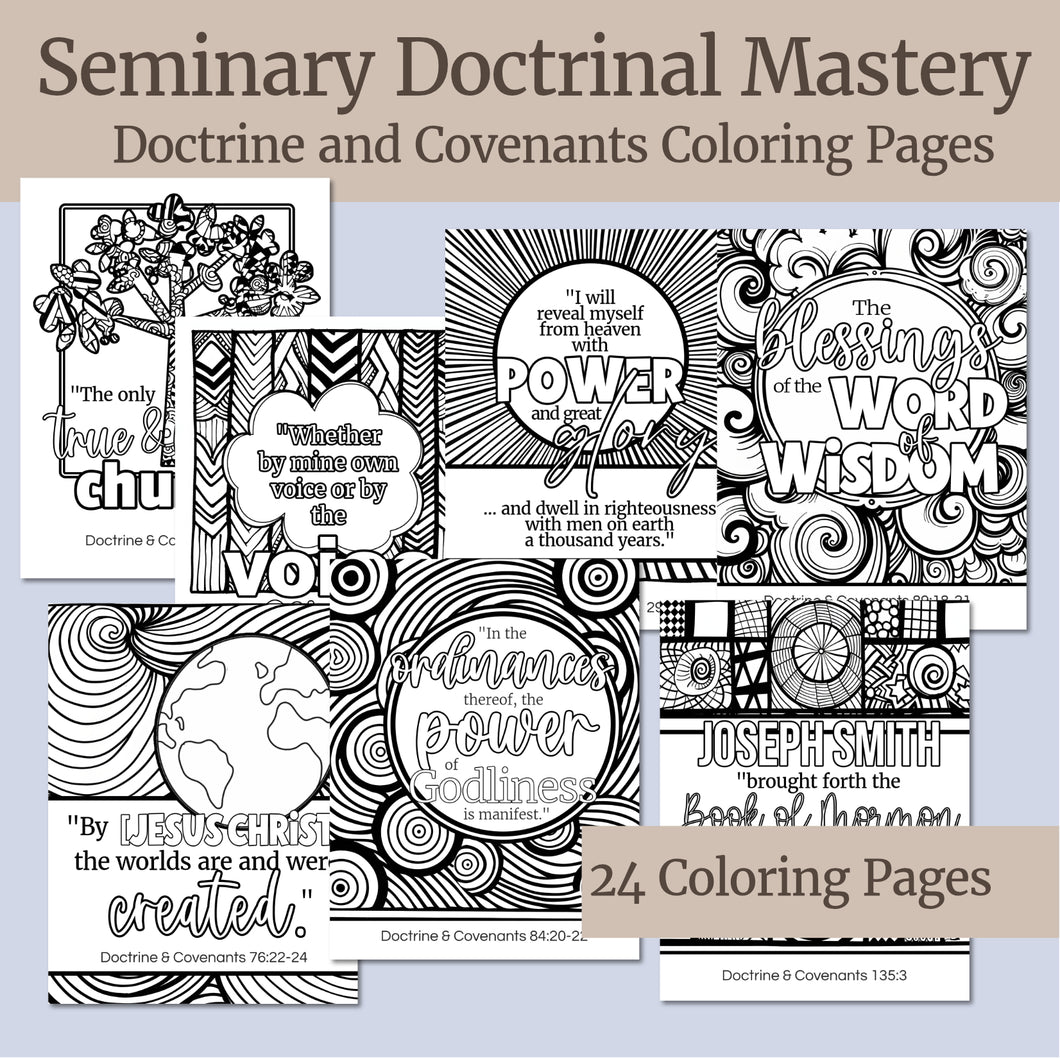 Seminary teacher helps - doctrinal mastery coloring pages, helps for seminary students, scripture memorization, scripture mastery coloring pages, scripture chase activity, Coloring pages come in standard 8.5x11 size PDF, Come Follow Me, LDS youth lesson, 