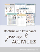 Load image into Gallery viewer, full color printable games for lds families, primary activity days, lds children and learning come follow me in 2025 games include hangman, dots games, connect four, tic tac toe, i spy and many more doctrine and covenants games 
