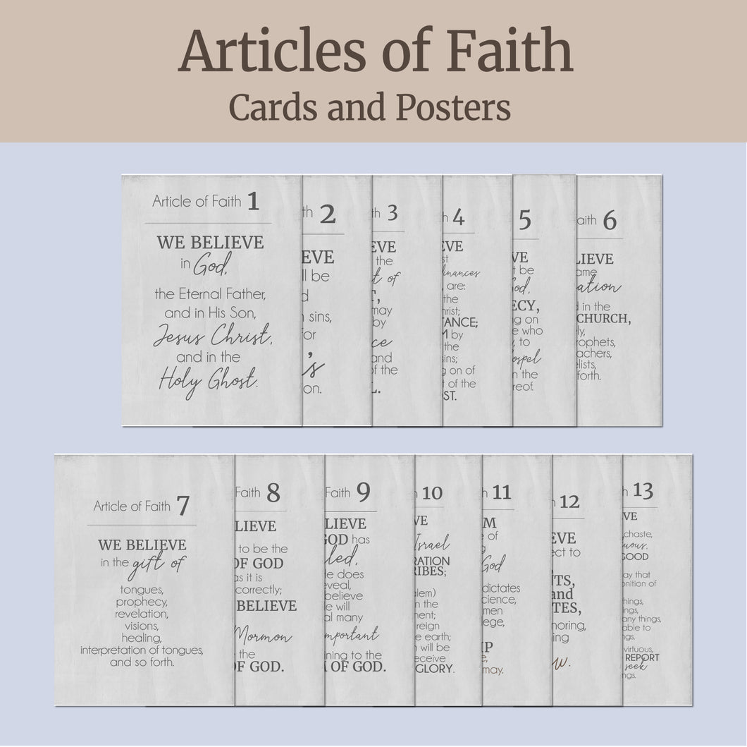 gray farmhouse printable articles of faith posters, handouts, study cards, flashcards for LDS families, LDS primary bulletin board