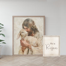 Load image into Gallery viewer, Easter Art for Christian Home, Jesus Christ digital art, portrait of Jesus Christ, Christian Gift for Baptism, LDS, Christian artwork, inspirational artwork for Christians, Jesus and the lamb, The Lamb of God, the Good Shepherd, the lost sheep
