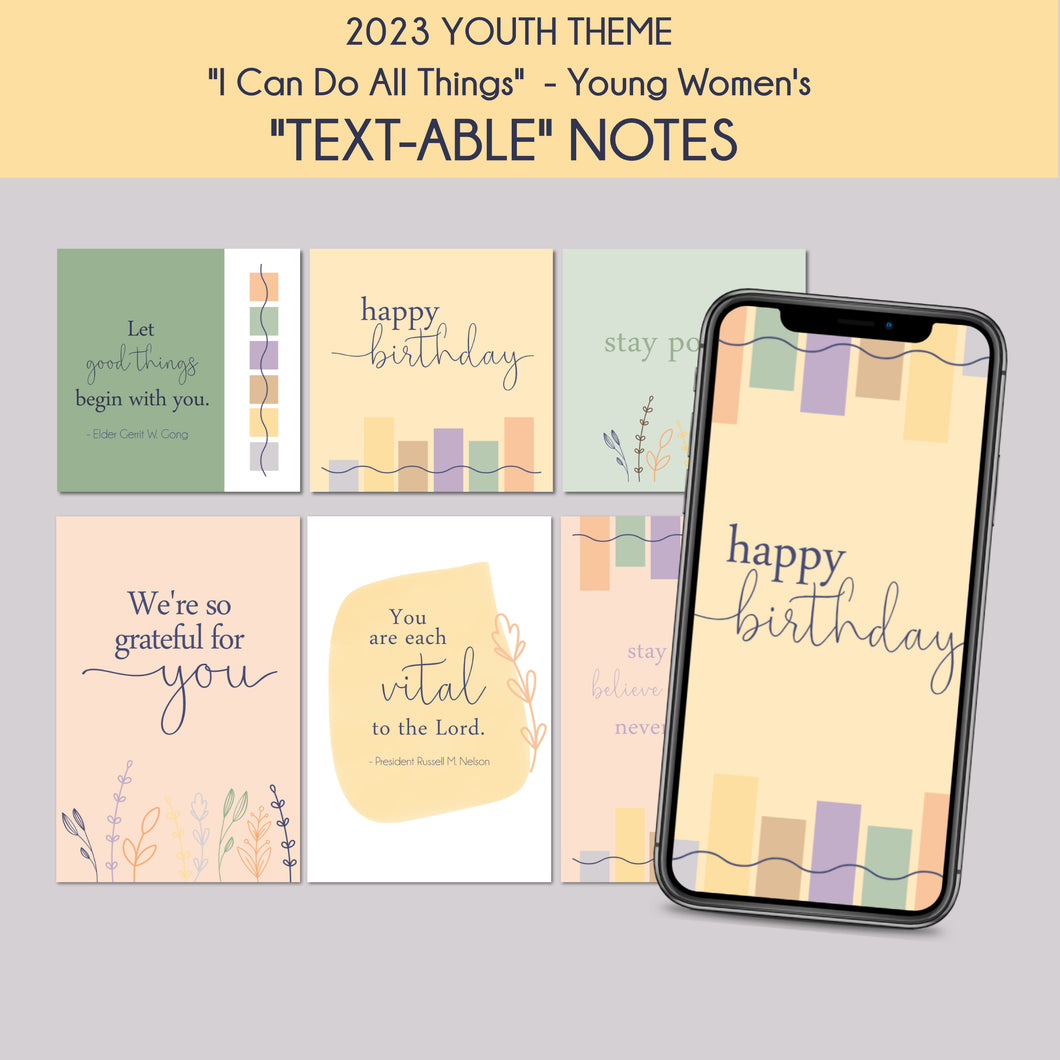 yw 2023 theme - I can do all things through Christ - digital note cards, textable notes