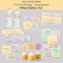Load image into Gallery viewer, young women 2023 I can do all things through Christ - Ministering kit - birthday cards, cupcake toppers, water bottle wraps, gift tags, YW theme, 2023 youth theme
